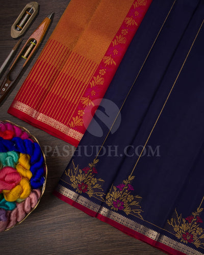 Navy Blue And Red Kanjivaram Silk Saree-S1462(A)