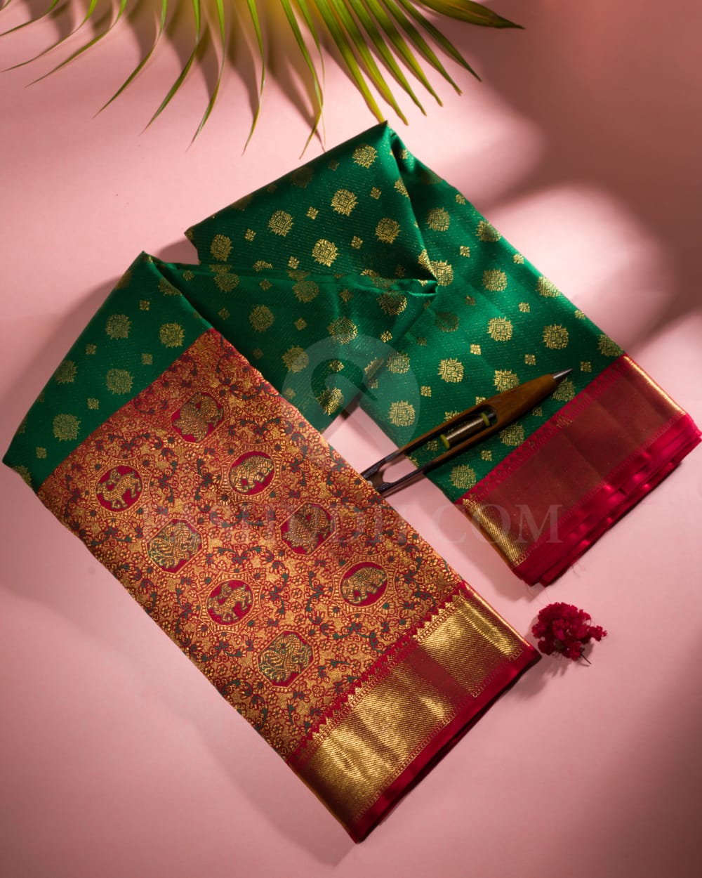Emerald Green And Red Pure Kanjivaram Silk Saree-P180(A)