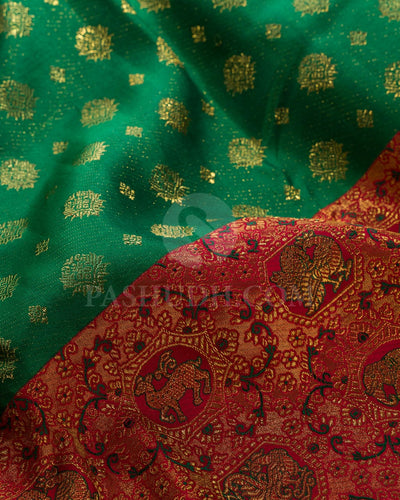 Emerald Green And Red Pure Kanjivaram Silk Saree-P180(A)