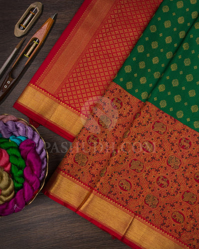 Emerald Green And Red Pure Kanjivaram Silk Saree-P180(A)