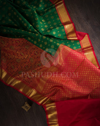 Emerald Green And Red Pure Kanjivaram Silk Saree-P180(A)