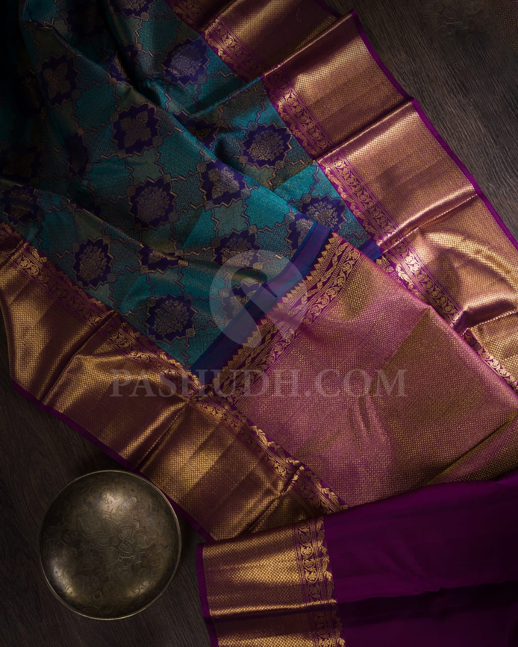 Royal Blue, Tiffany Blue And Purple Kanjivaram Silk Saree-D616(D)