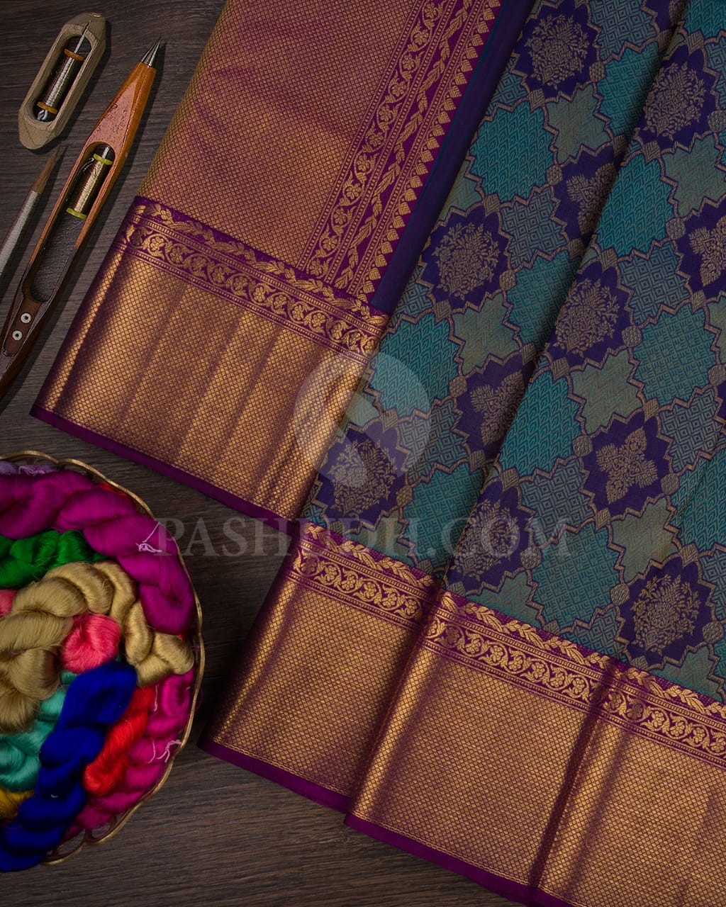 Royal Blue, Tiffany Blue And Purple Kanjivaram Silk Saree-D616(D)