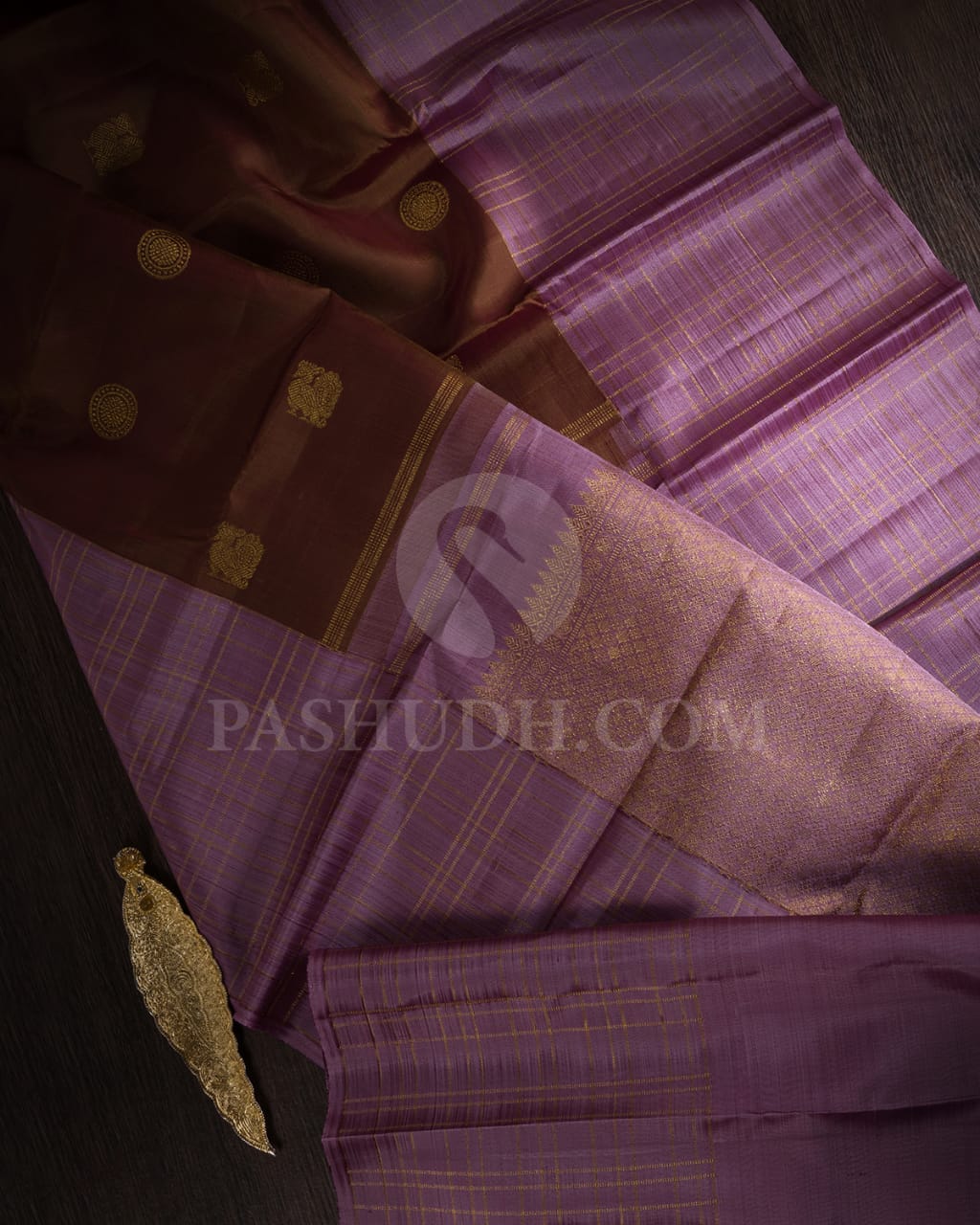 Khaki Brown And  Lavender Pure Kanjivarm Silk Saree-SP108