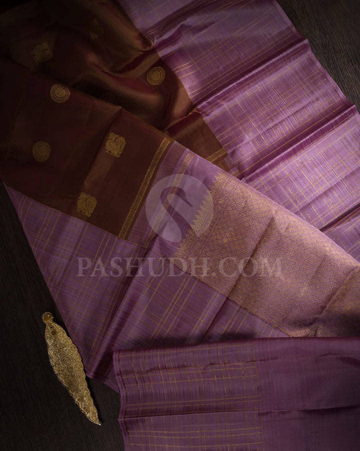 Khaki Brown And  Lavender Pure Kanjivarm Silk Saree-SP108