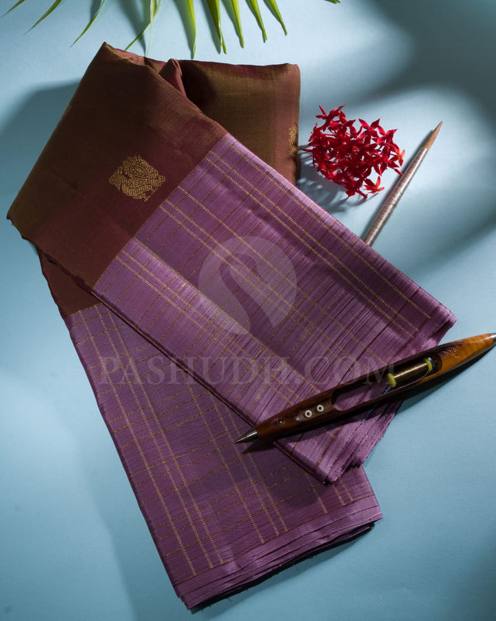 Khaki Brown And  Lavender Pure Kanjivarm Silk Saree-SP108