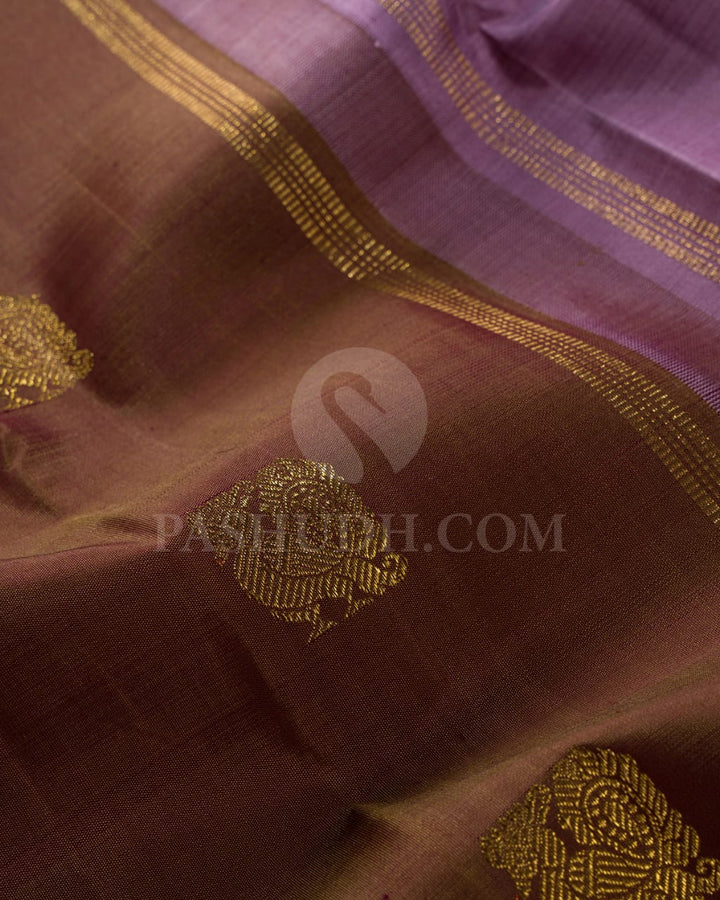 Khaki Brown And  Lavender Pure Kanjivarm Silk Saree-SP108