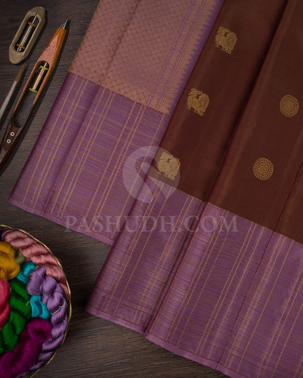 Khaki Brown And  Lavender Pure Kanjivarm Silk Saree-SP108