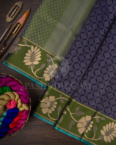 Midnight Blue And Green Kanjivaram Silk Saree-D614(D)