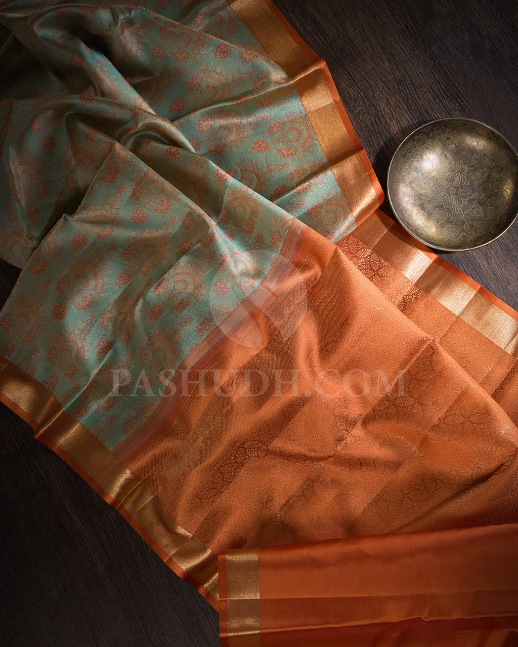 Pastel Teal And Orange Kanjivaram Silk Saree-DJ362(A)