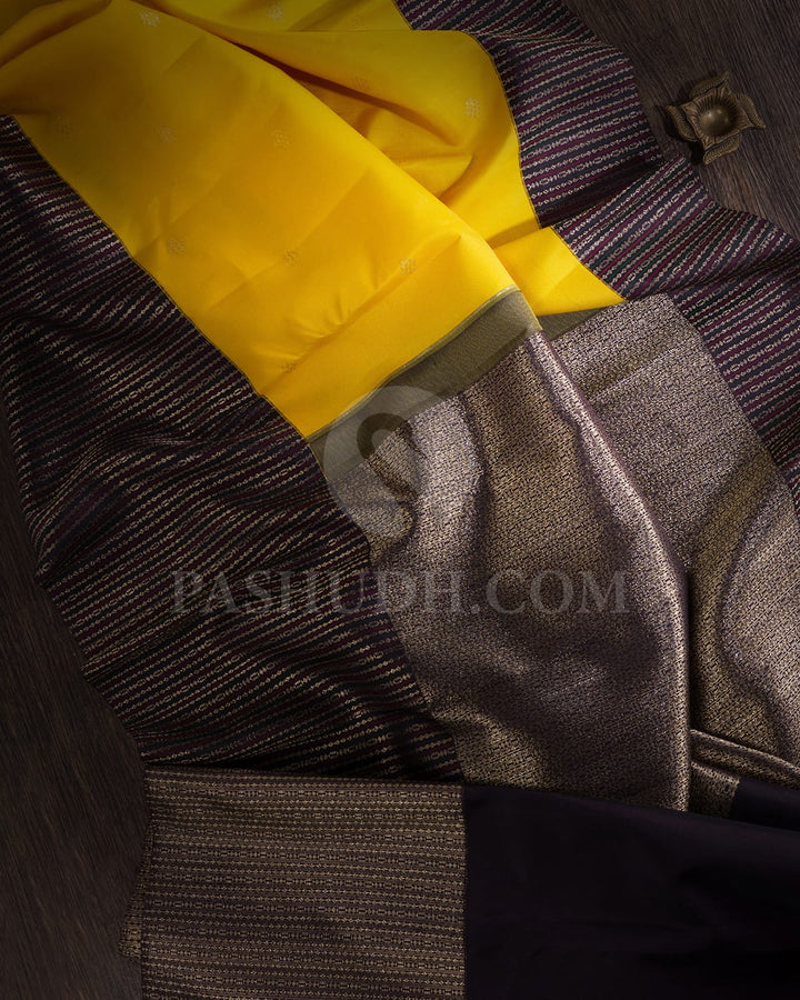 Mango Yellow And Blackish Aubergine  Kanjivaram Silk Saree-S1474(A)
