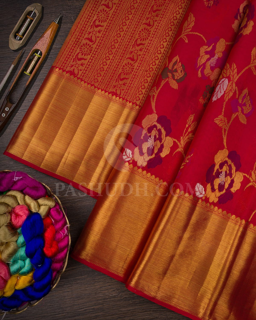 Red Pure Zari Organza Kanjivaram Silk Saree-P151(B)
