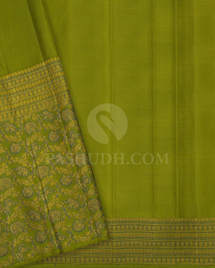 Peacock Blue And Olive Green Kanjivaram Silk Saree-S1095(D)