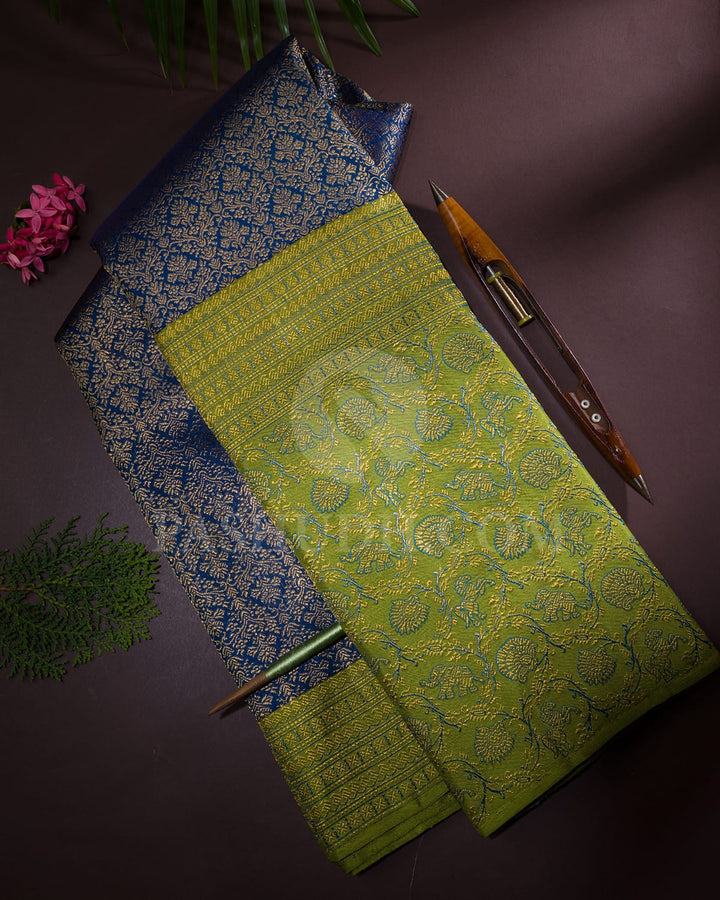 Peacock Blue And Olive Green Kanjivaram Silk Saree-S1095(D)