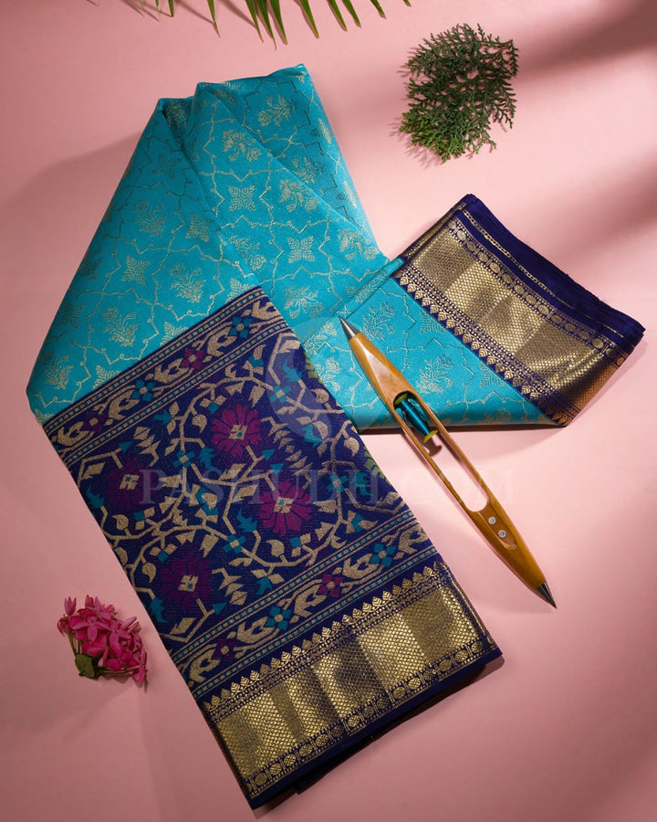 Cyan With Navy Blue Pure Kanjivaram Silk Saree-P188(A)