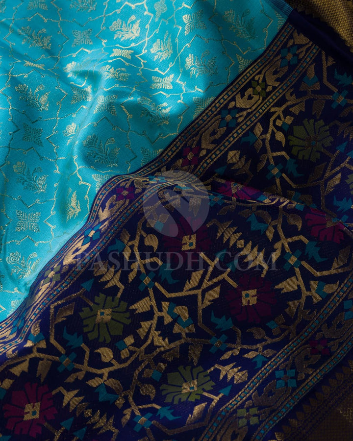 Cyan With Navy Blue Pure Kanjivaram Silk Saree-P188(A)