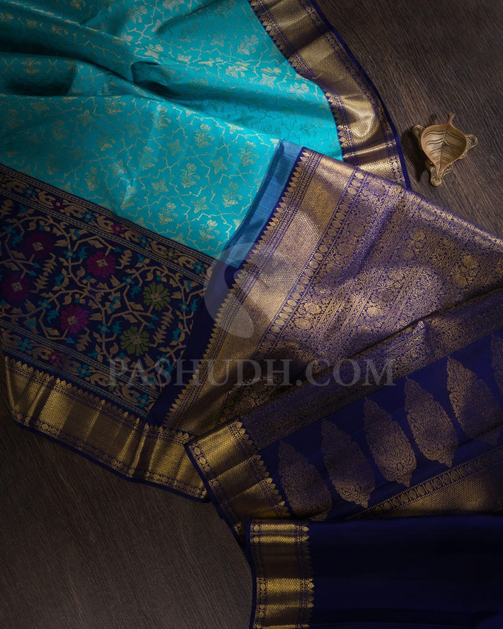 Cyan With Navy Blue Pure Kanjivaram Silk Saree-P188(A)