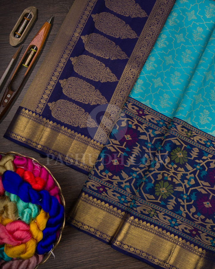 Cyan With Navy Blue Pure Kanjivaram Silk Saree-P188(A)