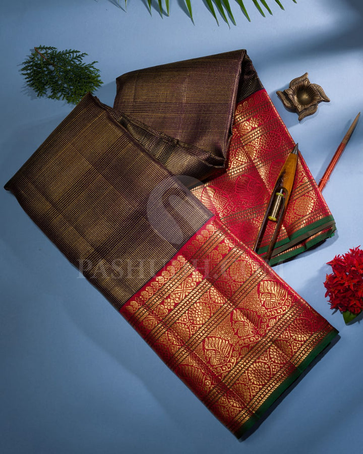 Aubergine With Red Pure Kanjivaram Silk Saree-P186(A)