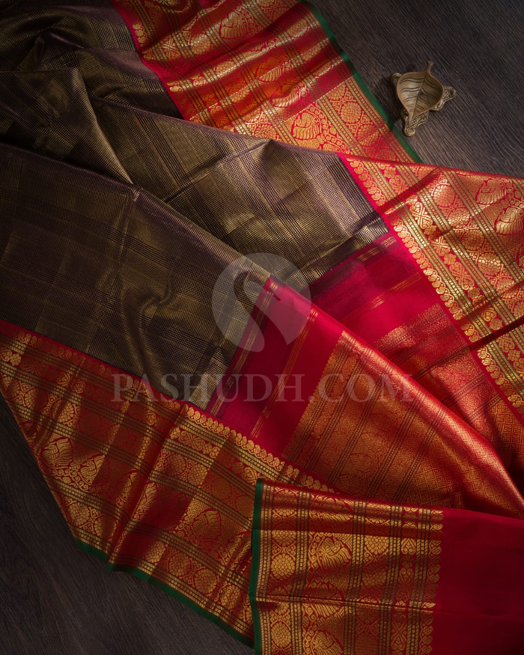 Aubergine With Red Pure Kanjivaram Silk Saree-P186(A)