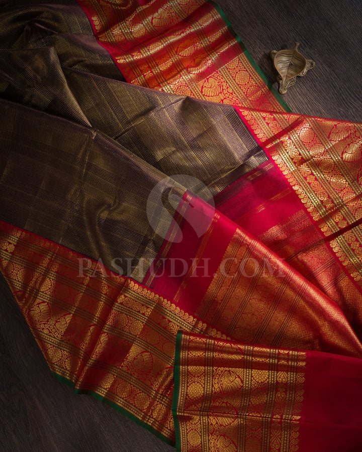 Aubergine With Red Pure Kanjivaram Silk Saree-P186(A)
