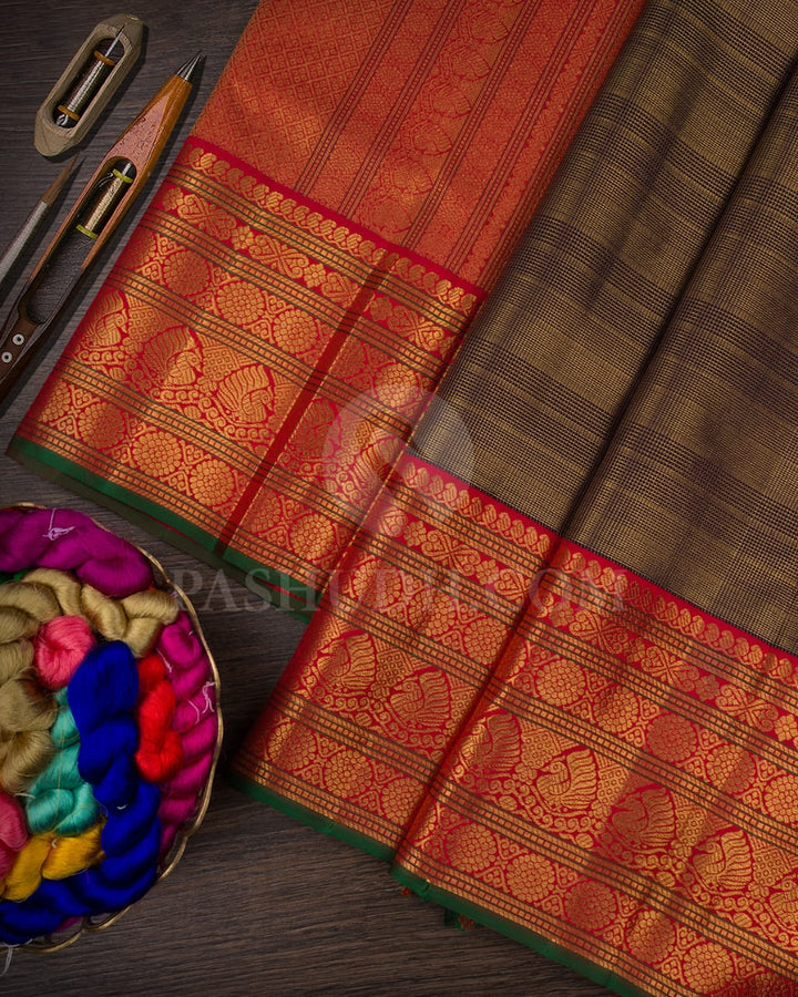 Aubergine With Red Pure Kanjivaram Silk Saree-P186(A)