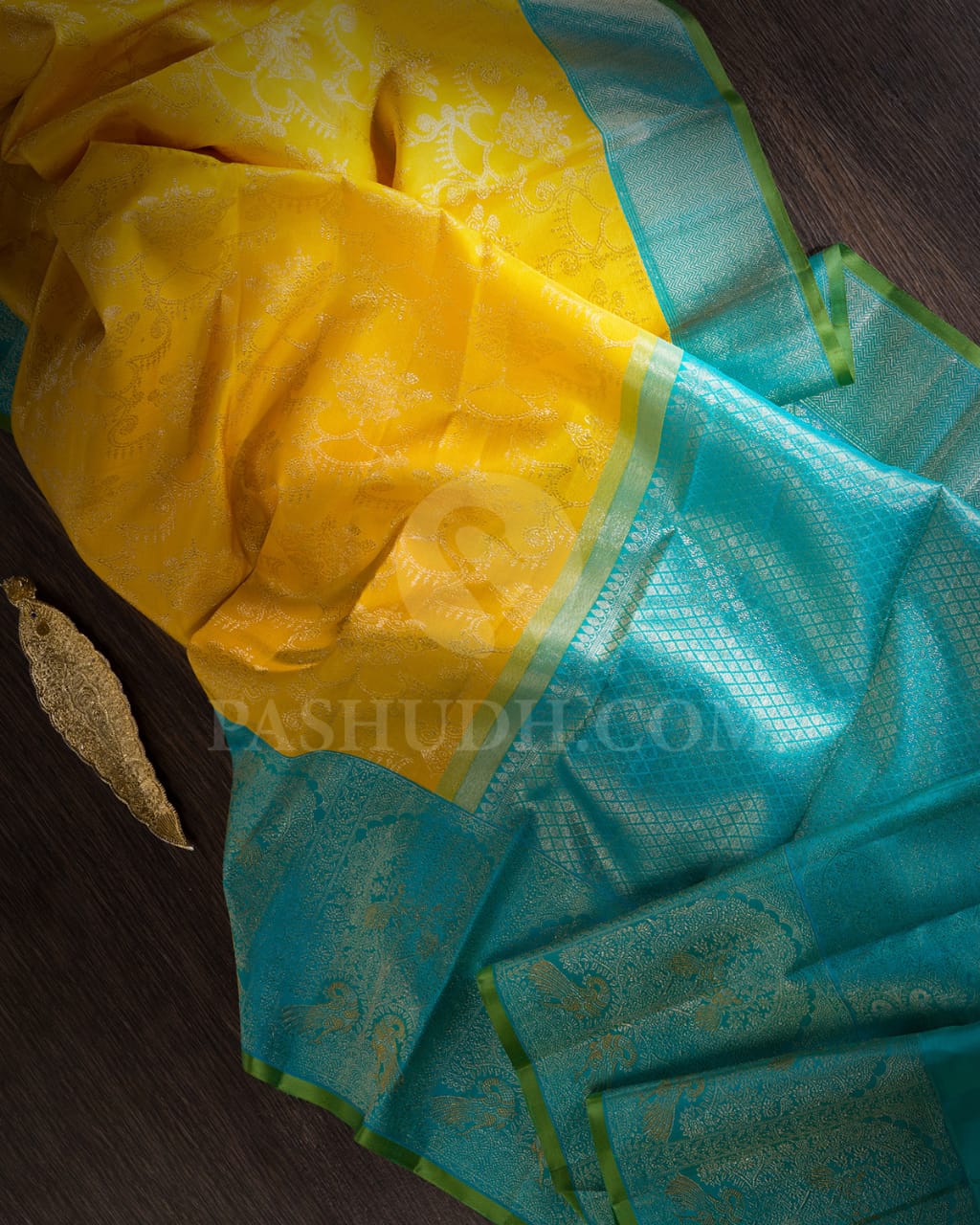 Mango Yellow And Sky Blue Kanjivaram Silk Saree-S1048(H)