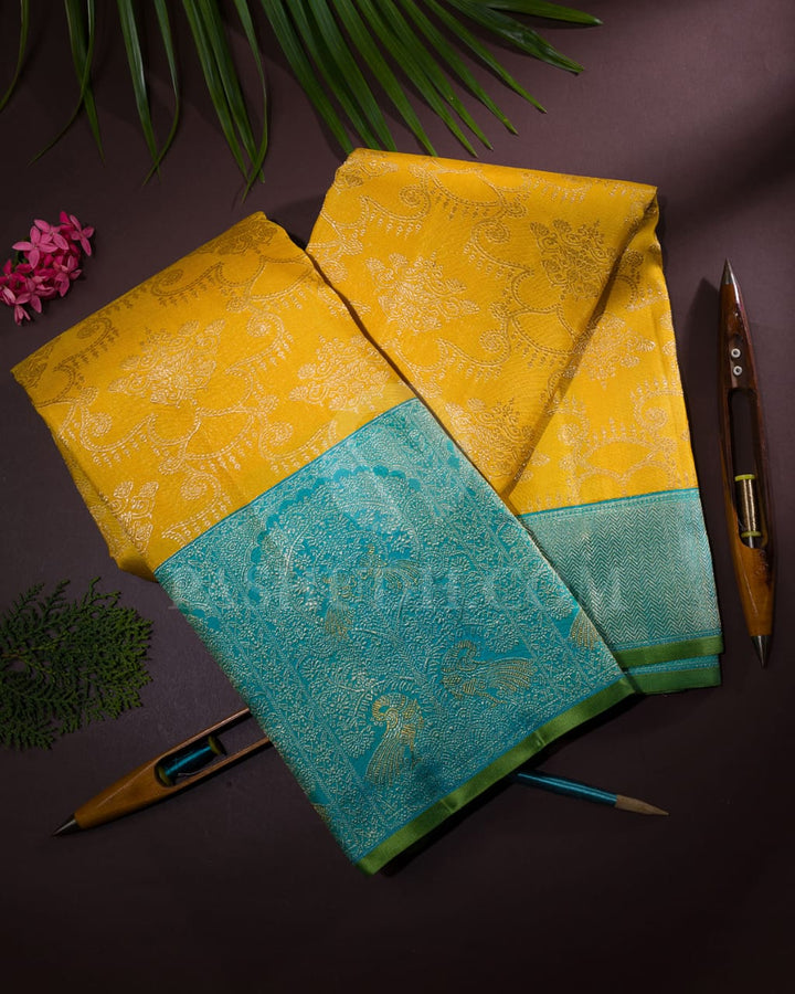 Mango Yellow And Sky Blue Kanjivaram Silk Saree-S1048(H)
