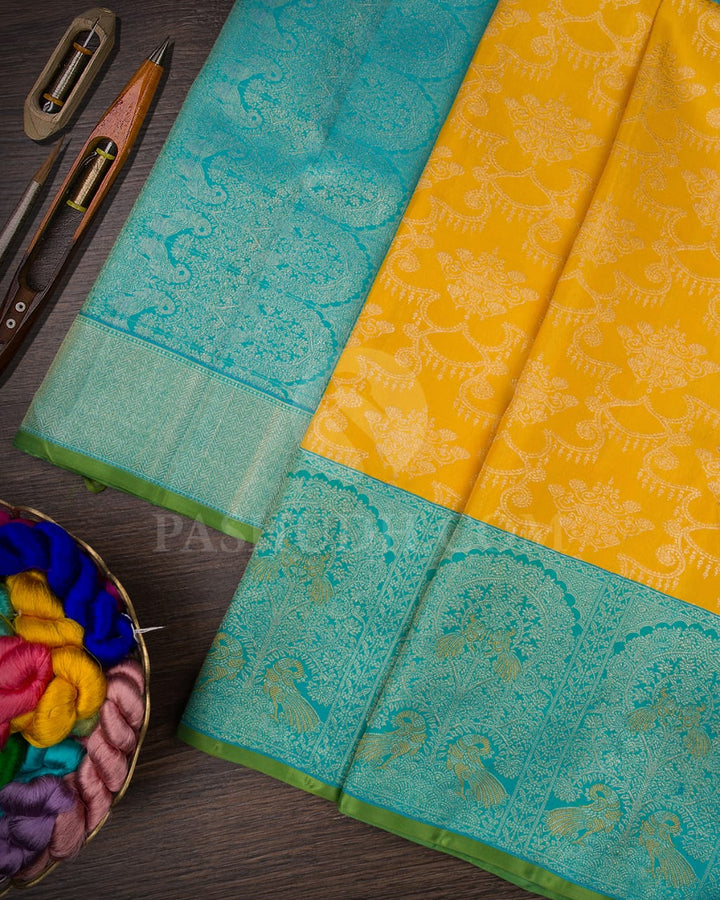 Mango Yellow And Sky Blue Kanjivaram Silk Saree-S1048(H)