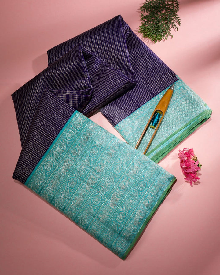 Midnight Blue And Teal Green Kanjivaram Silk Saree-S1473(A)