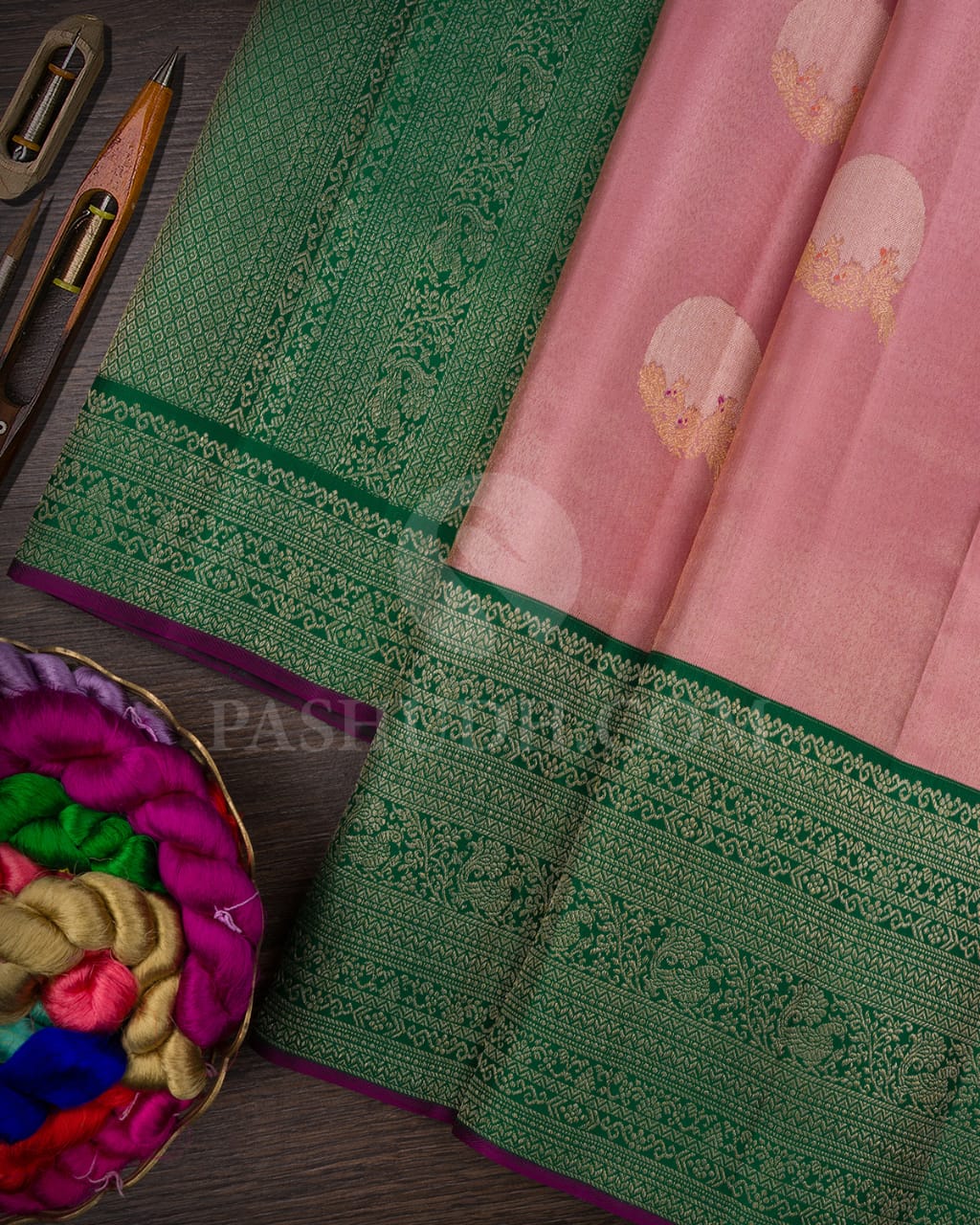 Onion Pink With Forest Green Kanjivaram Silk Saree-S1435(B)