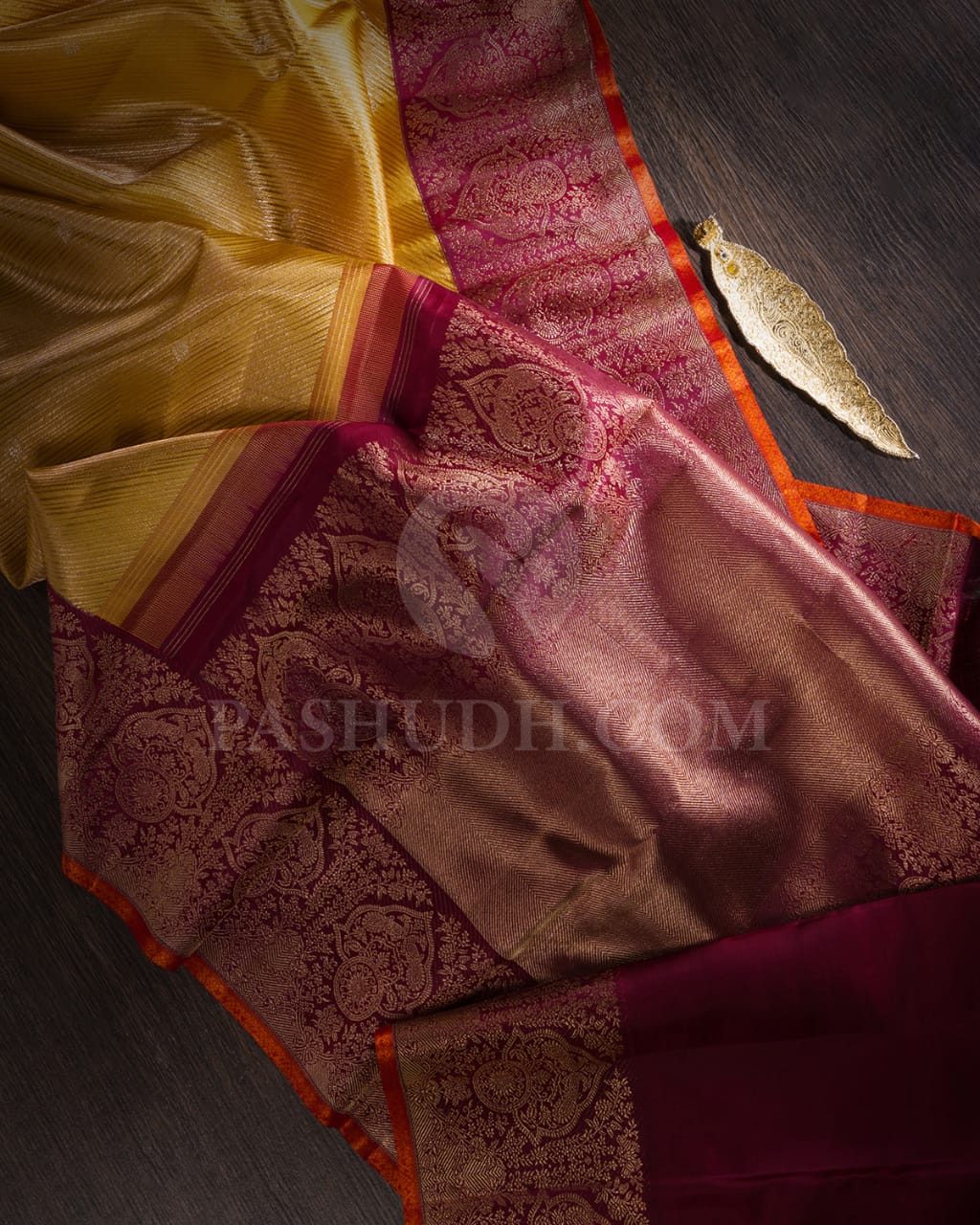 Golden Mustard And Maroon Kanjivaram Silk Saree-S1379(B)