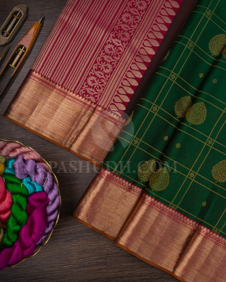Bottle Green With Maroon Kanjivaram Silk Saree-D638(A)