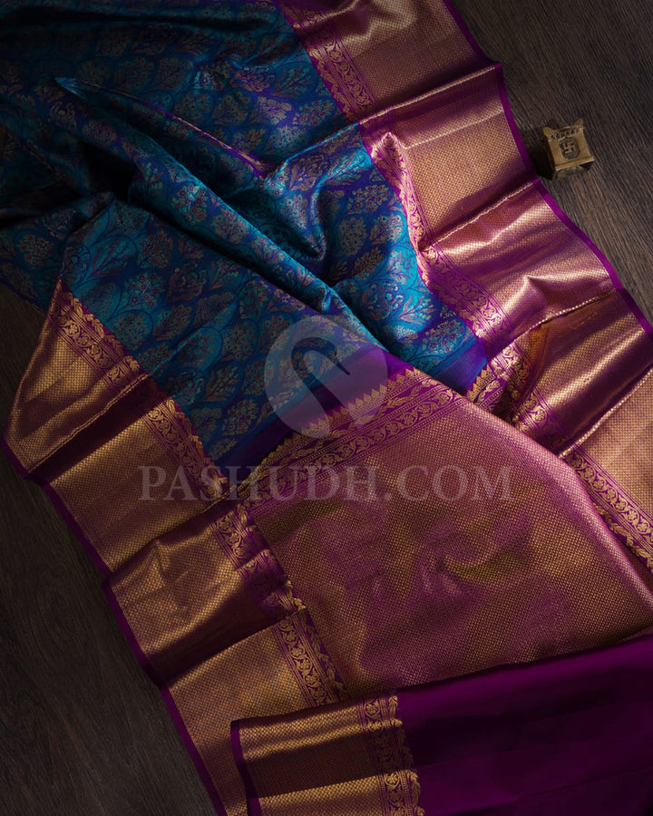 Peacock Blue And Violet Kanjivaram Silk Saree-D621(D)