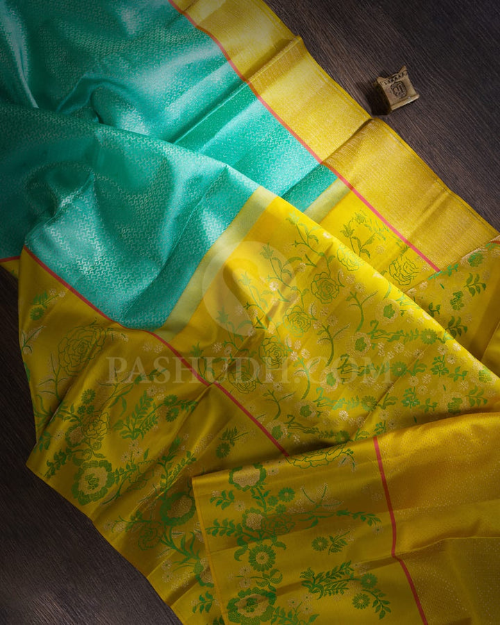 Turquoise Blue With Mustard Yellow Kanjivaram Silk Saree-DJ344(I)