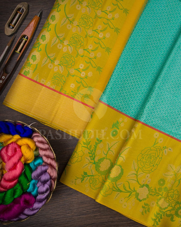 Turquoise Blue With Mustard Yellow Kanjivaram Silk Saree-DJ344(I)