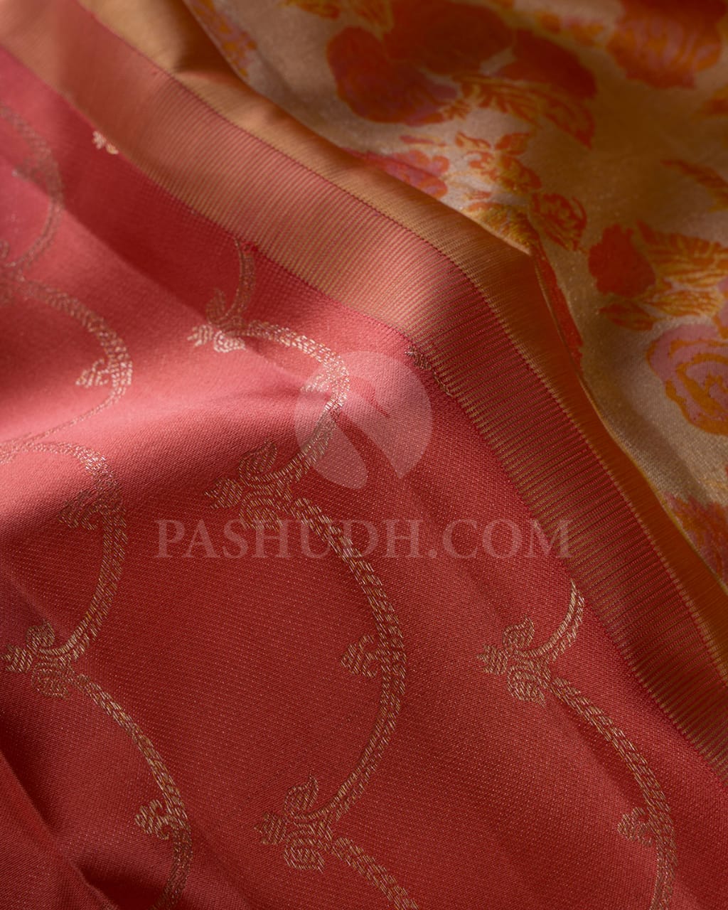 Peachy Pink And Golden Mustard Kanjivaram Silk Saree-DJ351(I)