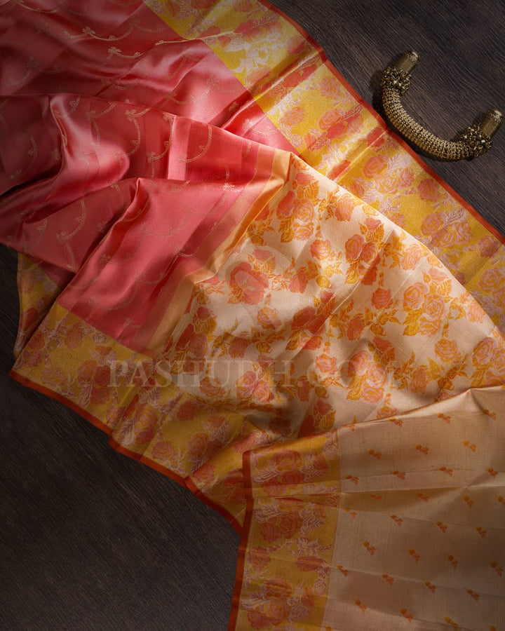 Peachy Pink And Golden Mustard Kanjivaram Silk Saree-DJ351(I)