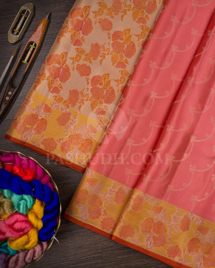Peachy Pink And Golden Mustard Kanjivaram Silk Saree-DJ351(I)
