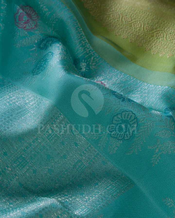 Turquoise Blue And Pear Green Kanjivaram Silk Saree-DJ357(B)