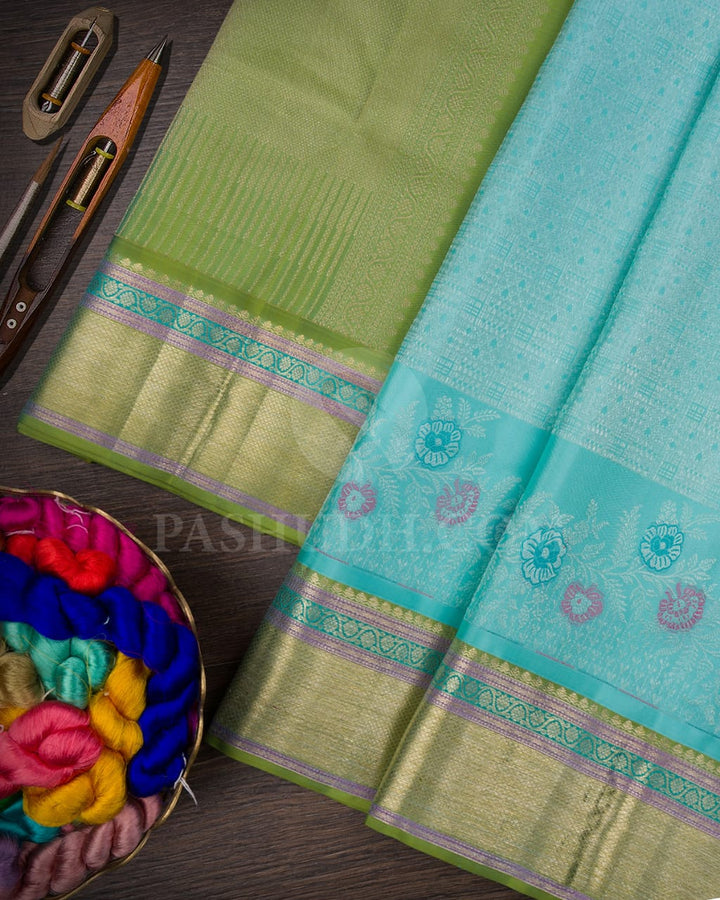 Turquoise Blue And Pear Green Kanjivaram Silk Saree-DJ357(B)