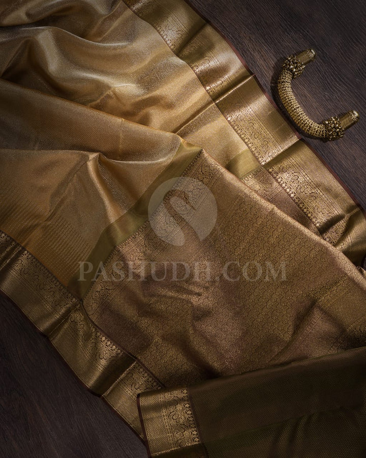 Khaki With Chocolate Brown Kanjivaram Silk Saree-D634(A)