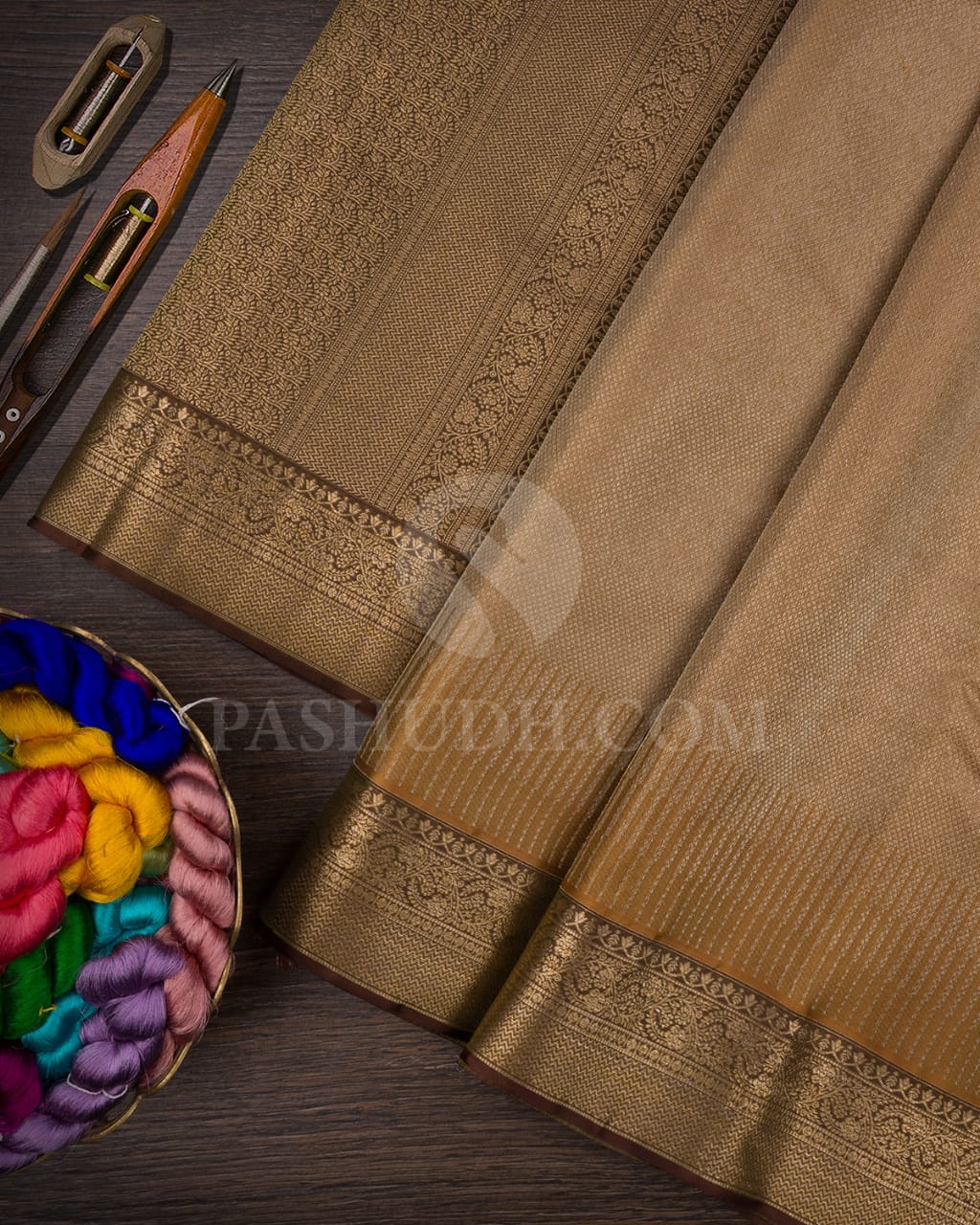 Khaki With Chocolate Brown Kanjivaram Silk Saree-D634(A)