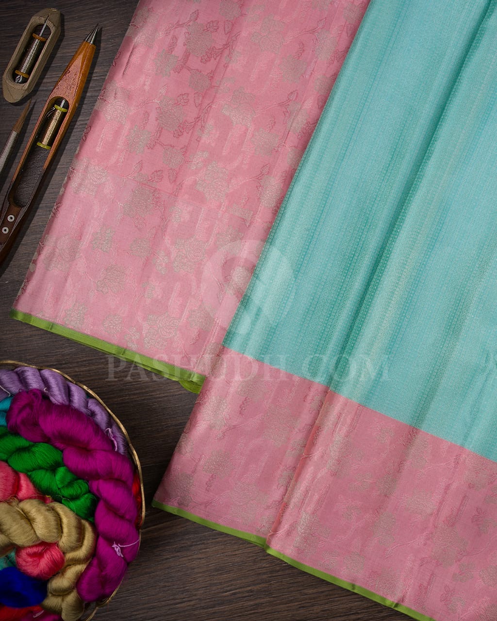 Tiffany Blue And Baby Pink Kanjivaram Silk Saree-DJ280(I)