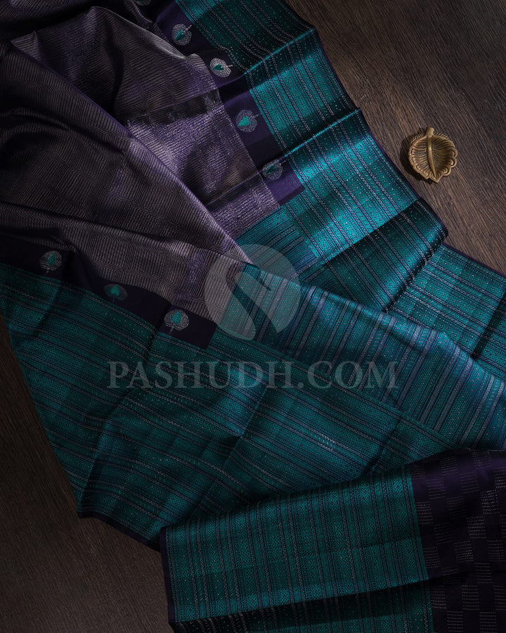 Deep Navy Blue And Teal Blue Kanjivaram Silk Saree-D631(A)