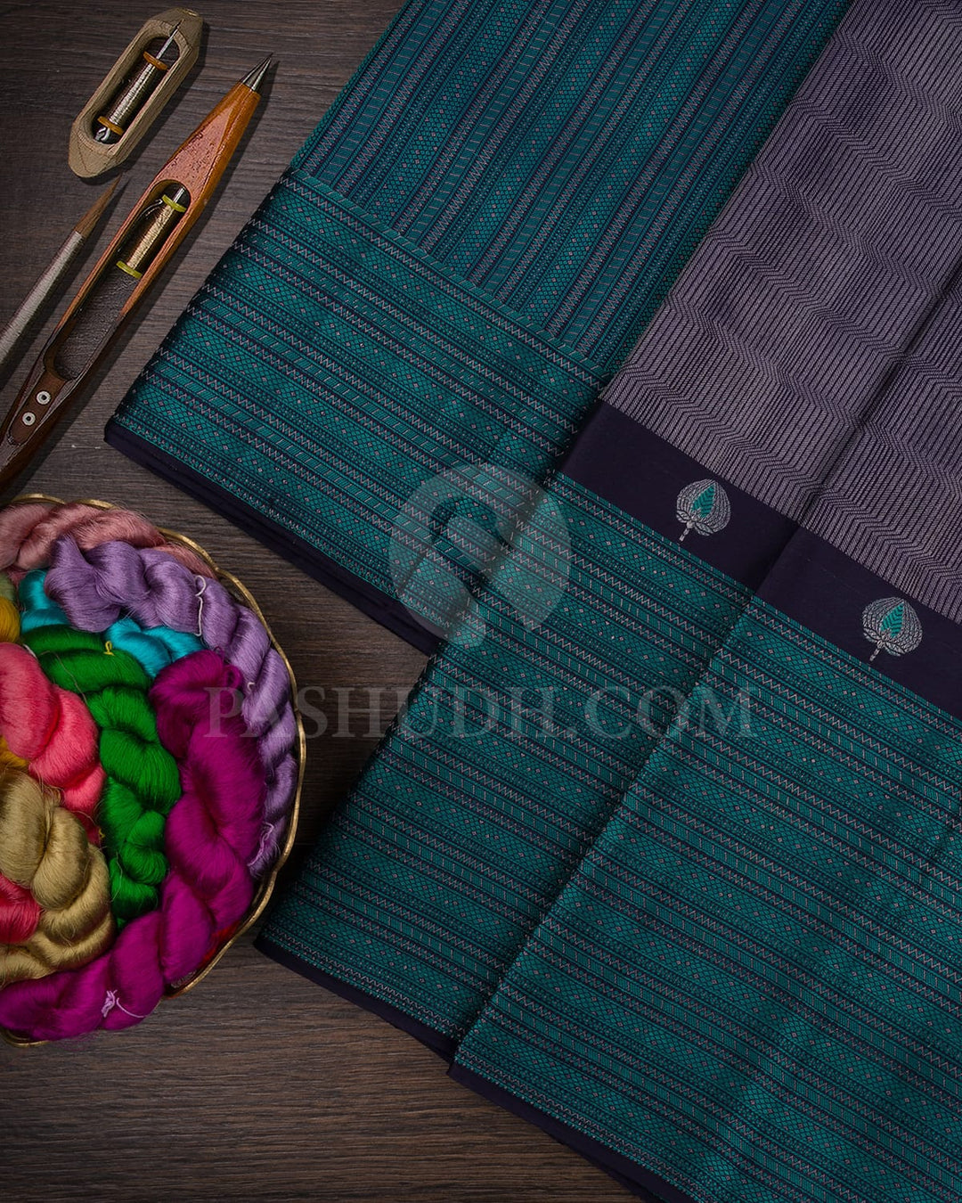 Deep Navy Blue And Teal Blue Kanjivaram Silk Saree-D631(A)