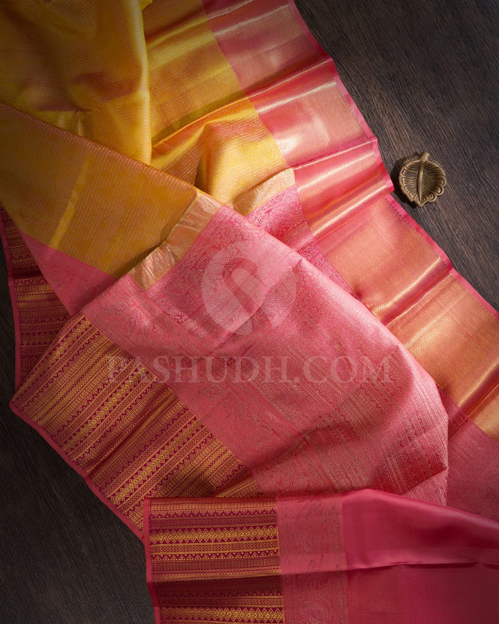 Mustard Yellow And Punch Pink Kanjivaram Silk Saree-D635(A)