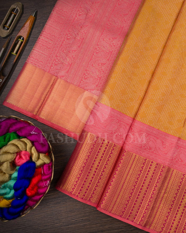 Mustard Yellow And Punch Pink Kanjivaram Silk Saree-D635(A)