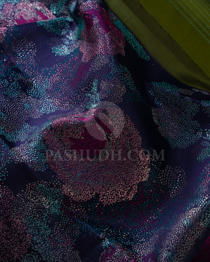 Deep Navy Blue And Olive Green Kanjivaram Silk Saree-DJ367(A)