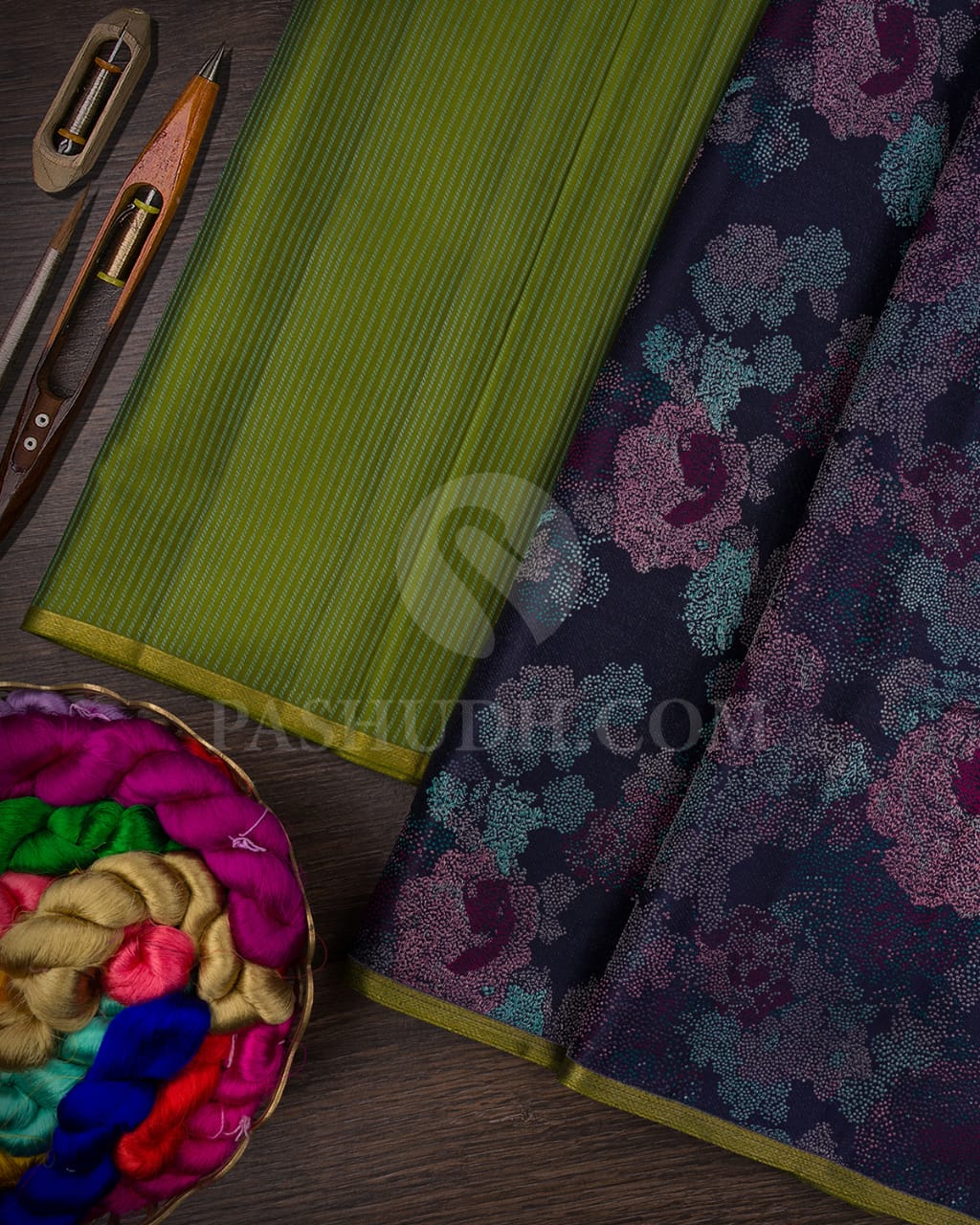 Deep Navy Blue And Olive Green Kanjivaram Silk Saree-DJ367(A)